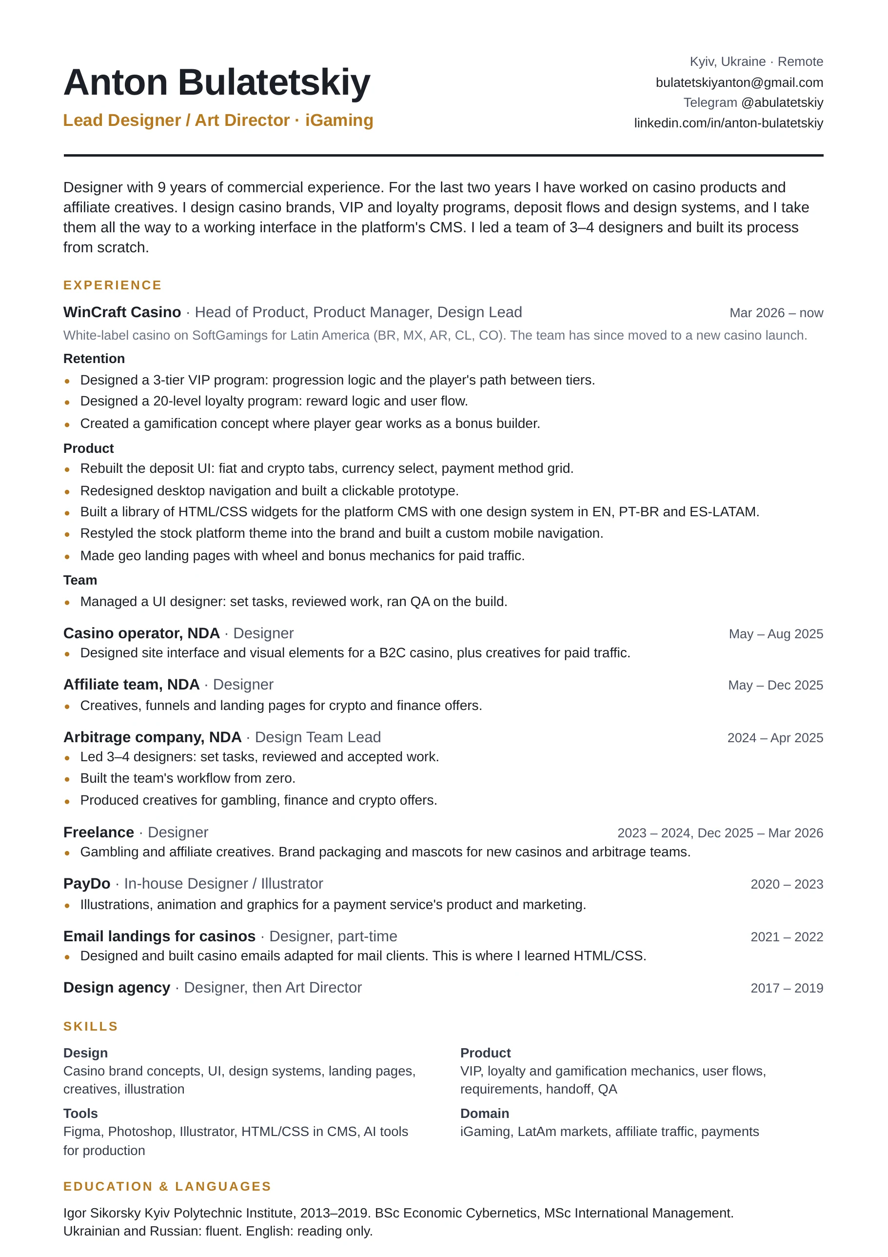 CV: Anton Bulatetskiy — Lead Designer / Art Director, iGaming. Experience, skills, education.